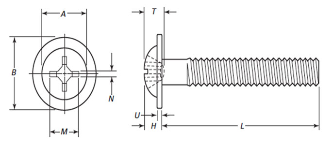 Dimensions of ASME B18.6.3 Type 1 Cross Recessed Round Washer Head Machine Screws