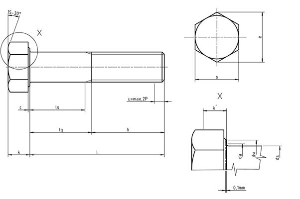 Dimensions for EU 24014 Hexagon head bolts with shank