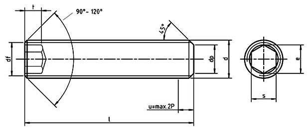 Dimensions for EU 24026 Hexagon socket set screws with flat point