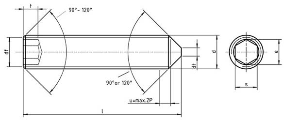 Dimensions for EU 24027 Hexagon socket set screws with cone point