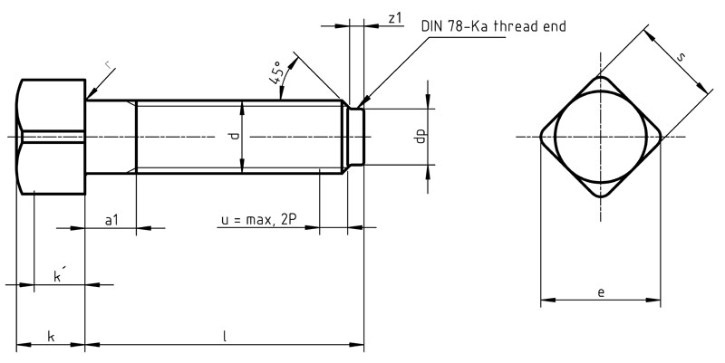 Dimensions for PN 82307 - Square head bolts with short dog point