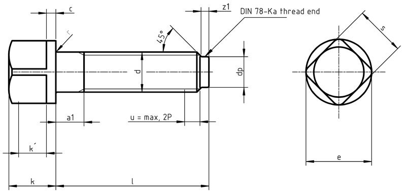 Dimensions for PN 82308 - Square head bolts with collar and tip approach