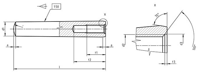 Dimensions for PN 85019 - Taper pins with internal thread